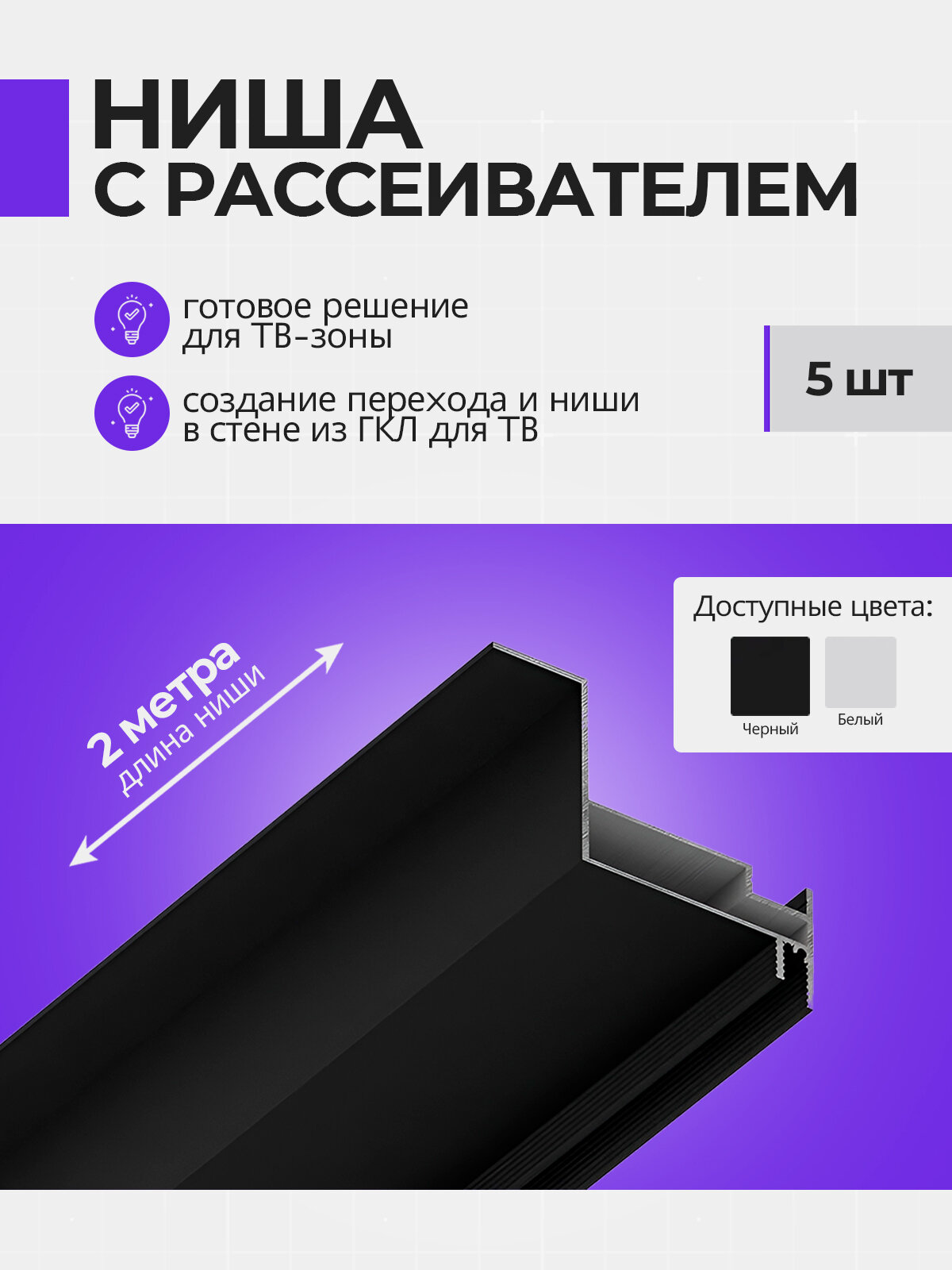 Профиль для светодиодной ленты под нишу телевизора в стене, 2 м, 5 шт, цвет черный