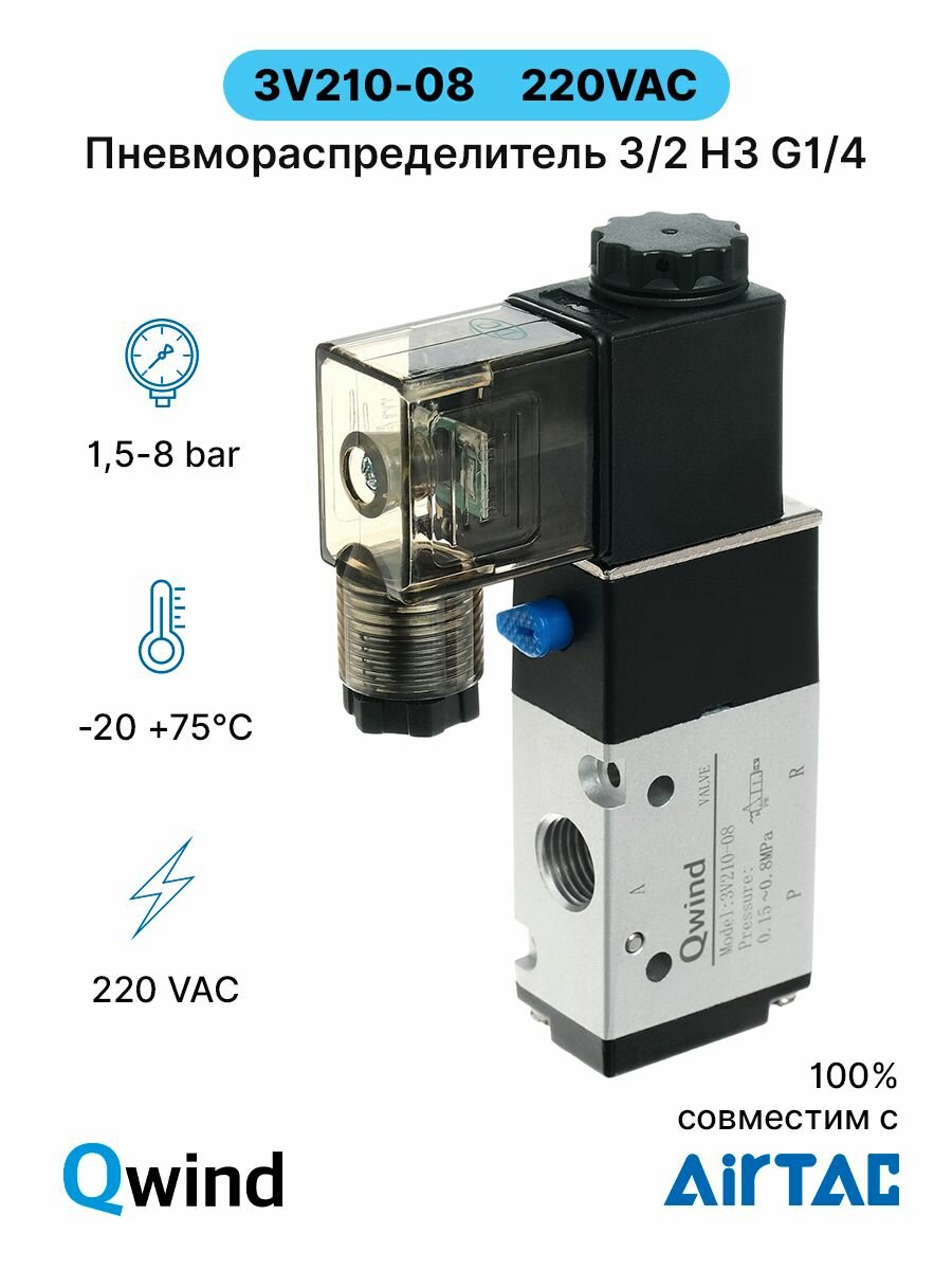 Пневмораспределитель 3V210-08-NC DC24V, G1/4 функция 3/2 Н. З