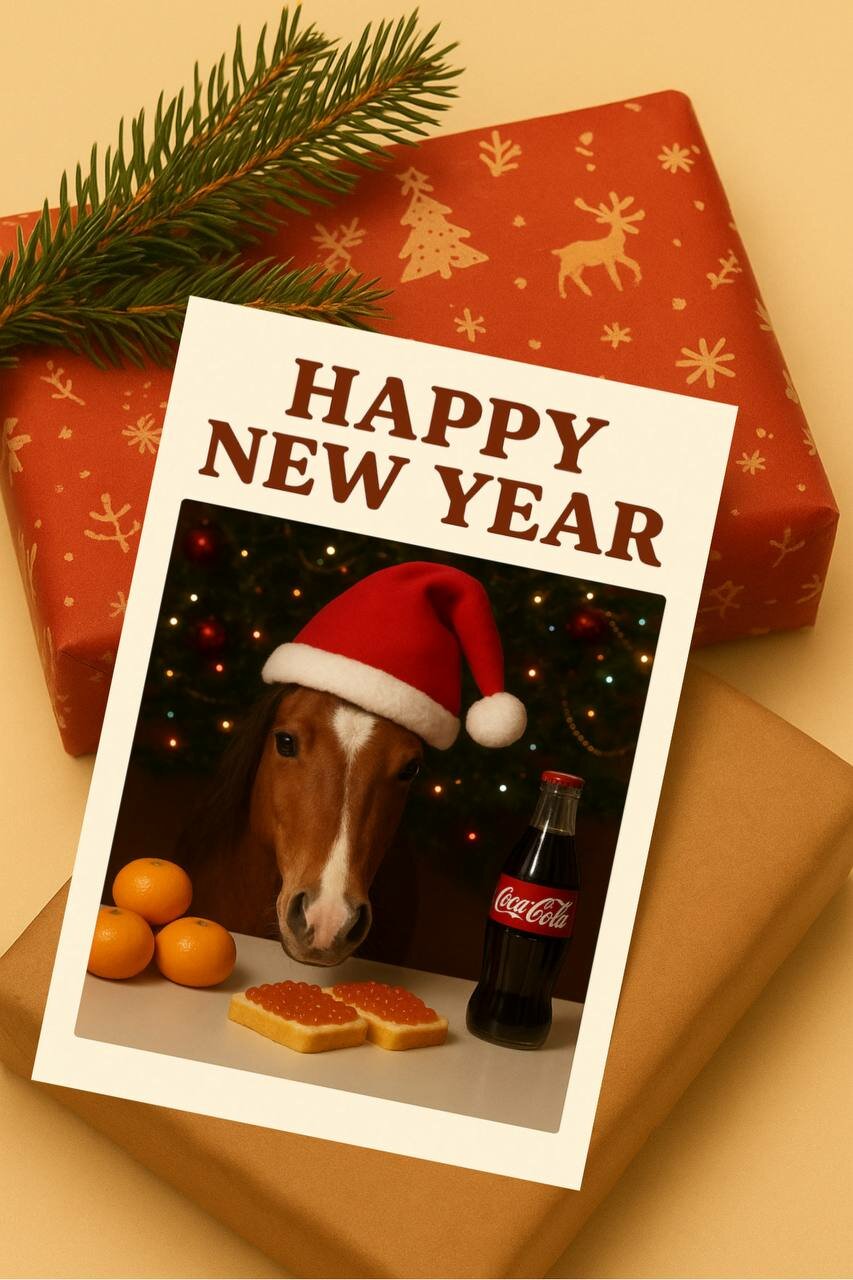 Открытка новогодняя с лошадью "HAPPY NEW YEAR" с бутербродами