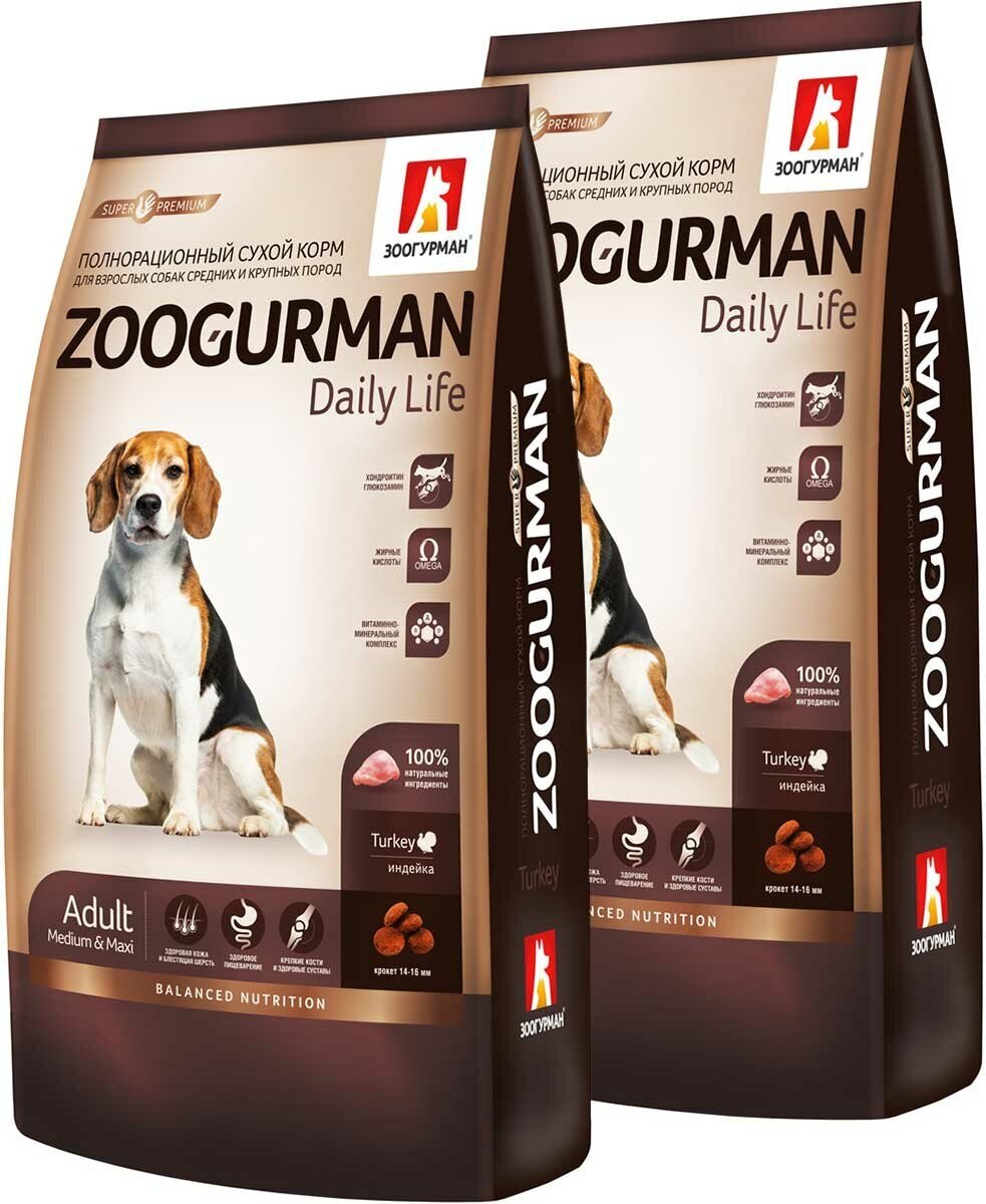 ZOOGURMAN DAILY LIFE для взрослых собак средних и крупных пород с индейкой (22 + 22 кг)