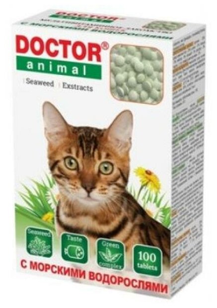 Мультивитаминное лакомство Doctor Animal с морскими водорослями, для кошек, 100 таблеток - фотография № 2