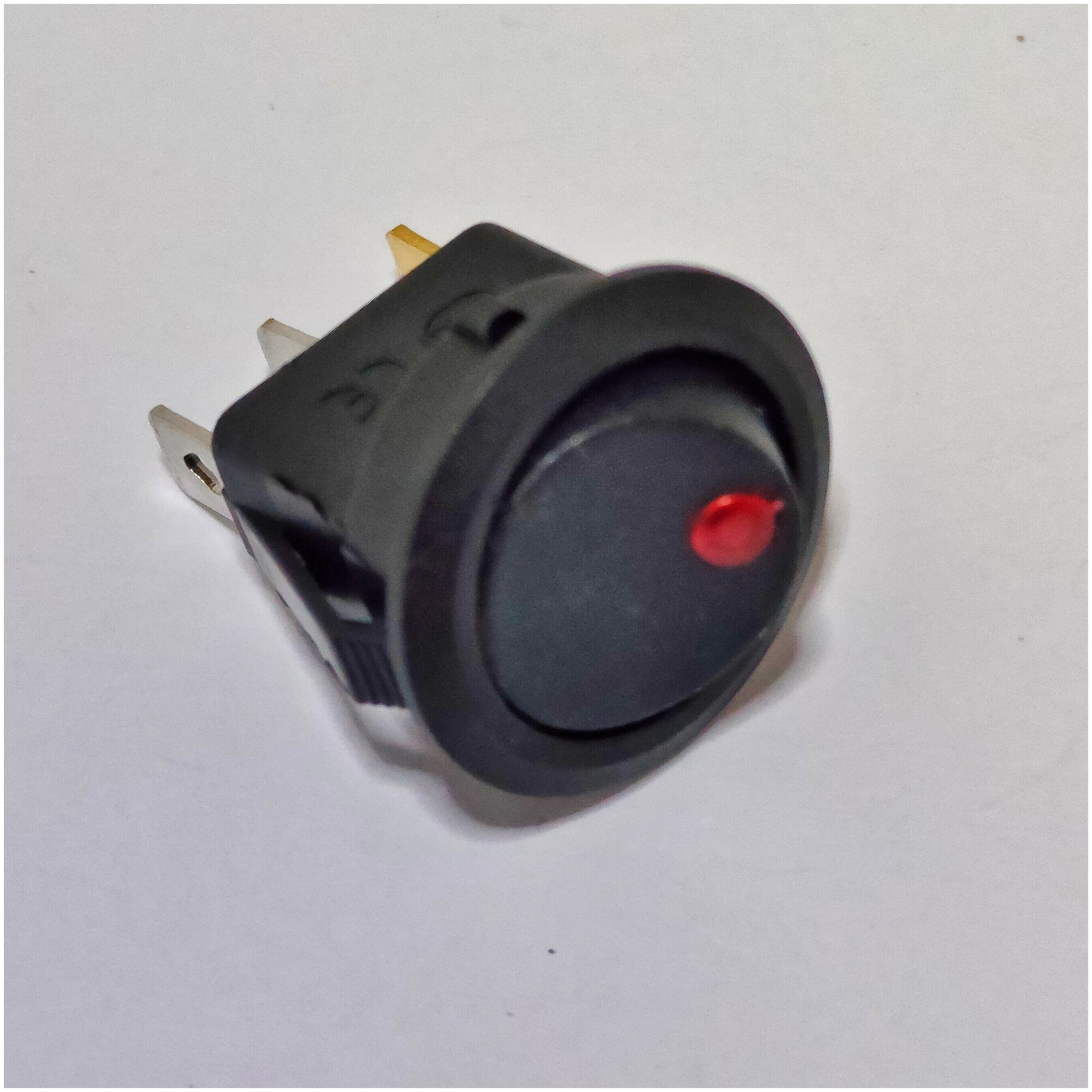 Выключатель клавишный круглый 12V 20А (3с) ON-OFF черный с красной подсветкой (комплект с клеммами и термоусадкой)