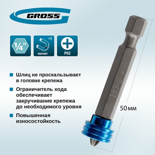 Бита Gross PH2x50 с ограничителем и магнитом для ГКЛ