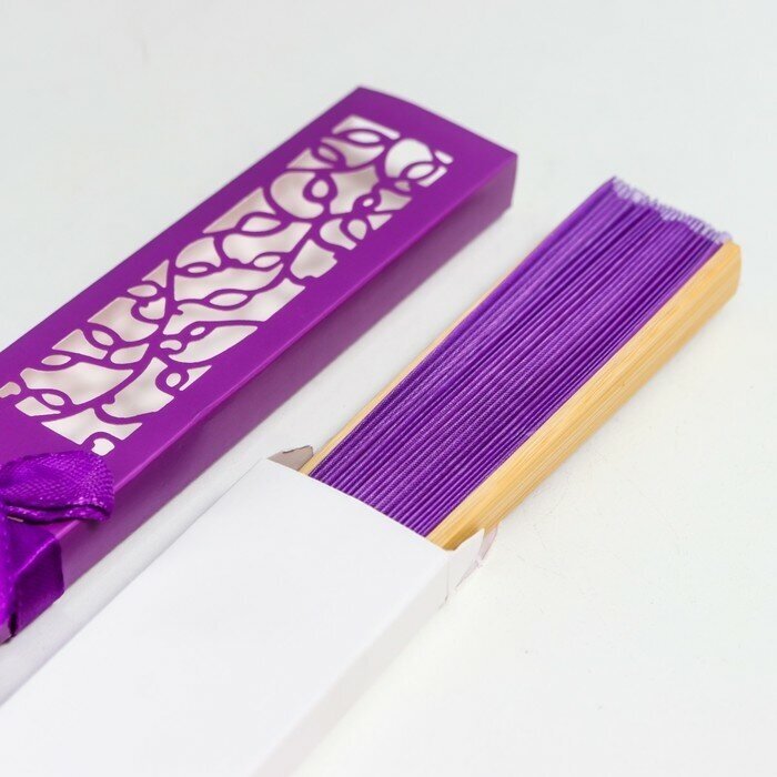 Веер бамбук, текстиль h=21 см "Моноцвет" в коробке, фиолетовый - фотография № 2