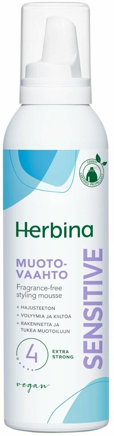 Пена для укладки волос Herbina Sensitive Extra Strong сильной фиксации без отдушки с пантенолом 200 мл (из Финляндии)