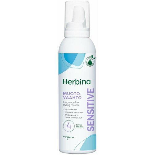 Пена для укладки волос Herbina Sensitive Extra Strong сильной фиксации без отдушки с пантенолом 200 мл (из Финляндии)