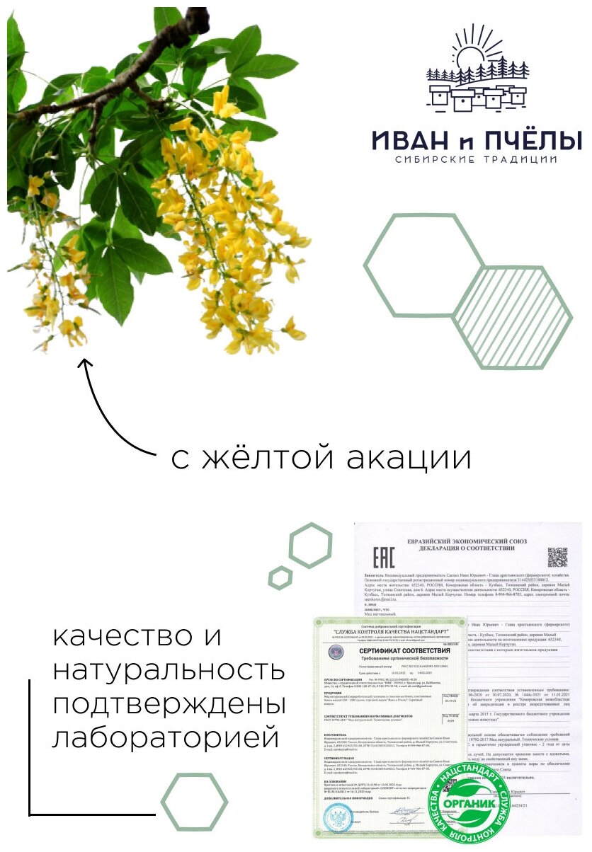 Мед натуральный Акациевый 1000 гр., сбор 2022г., дикоросы Сибири, семейная пасека - фотография № 3