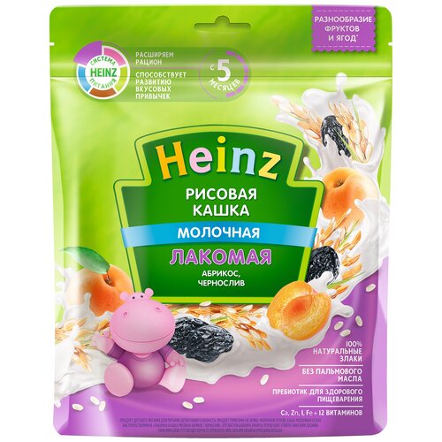 Каша Heinz молочная Лакомая рисовая с абрикосом и черносливом, с 5 месяцев, 170 г каша кукуруза молочная heinz лакомая тыква чернослив морковочка с 5 месяцев 170 г