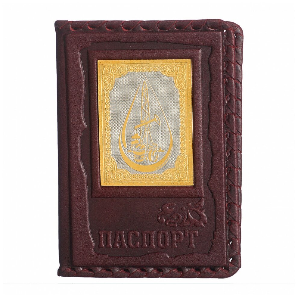 Мужская кожаная обложка для паспорта Makey «Нефтегаз-3» с накладкой покрытой золотом 999 пробы 009-14-61-3 коричневый 