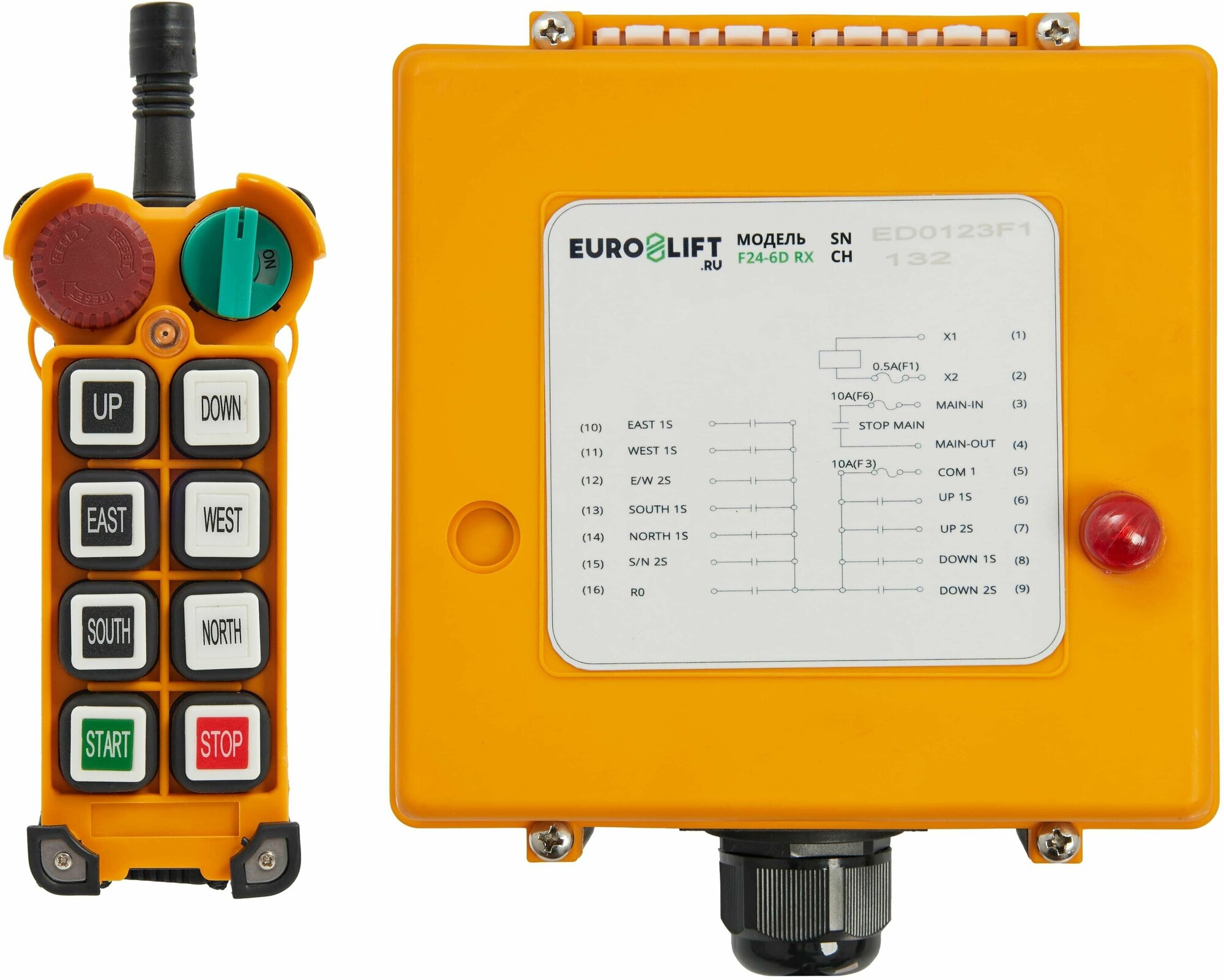Радиоуправление "Euro-Lift" F24-6D, комплект (Пульт 6 кнопок, 2 скорости + Приемник) (Питание приемника:220/380 В)