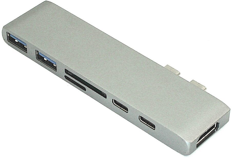 Адаптер сдвоенный Type C на HDMI USB 3.0*2 + Type C* 2 + SD/TF для MacBook серый