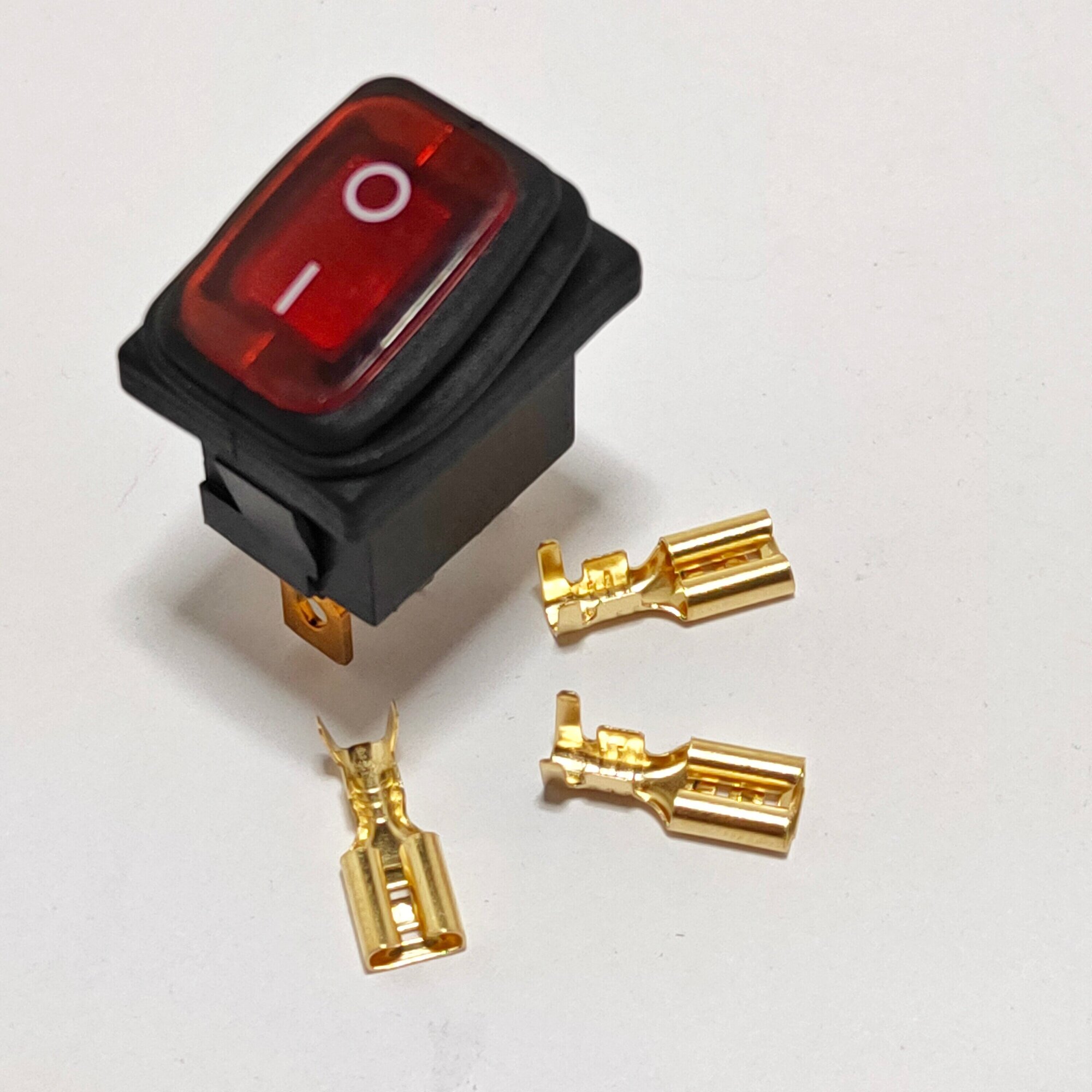 Выключатель клавишный мини влагозащита подсветка 250V 6А (3с) ON-OFF красный (комплект с клеммами и термоусадкой)