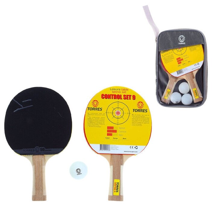 TORRES Набор для настольного тенниса TORRES Control 9 (2 ракетки, 3 мяча), накладка 1,8 мм, коническая ручка