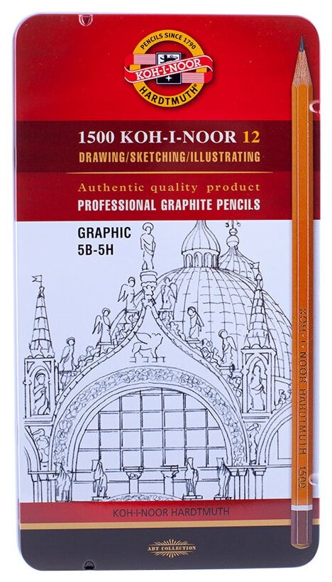 Набор чернографитных карандашей Koh-i-noor "1500 GRAPHIC" 12 шт, 5B-5H, заточенные, металлический пенал