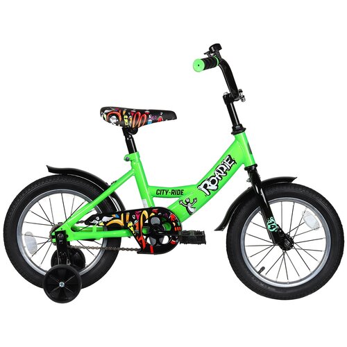 фото Велосипед детский двухколесный city-ride roadie, рама сталь, колеса 14", страховочные колеса, велосипед для мальчиков, для девочек, для детей, цвет зеленый