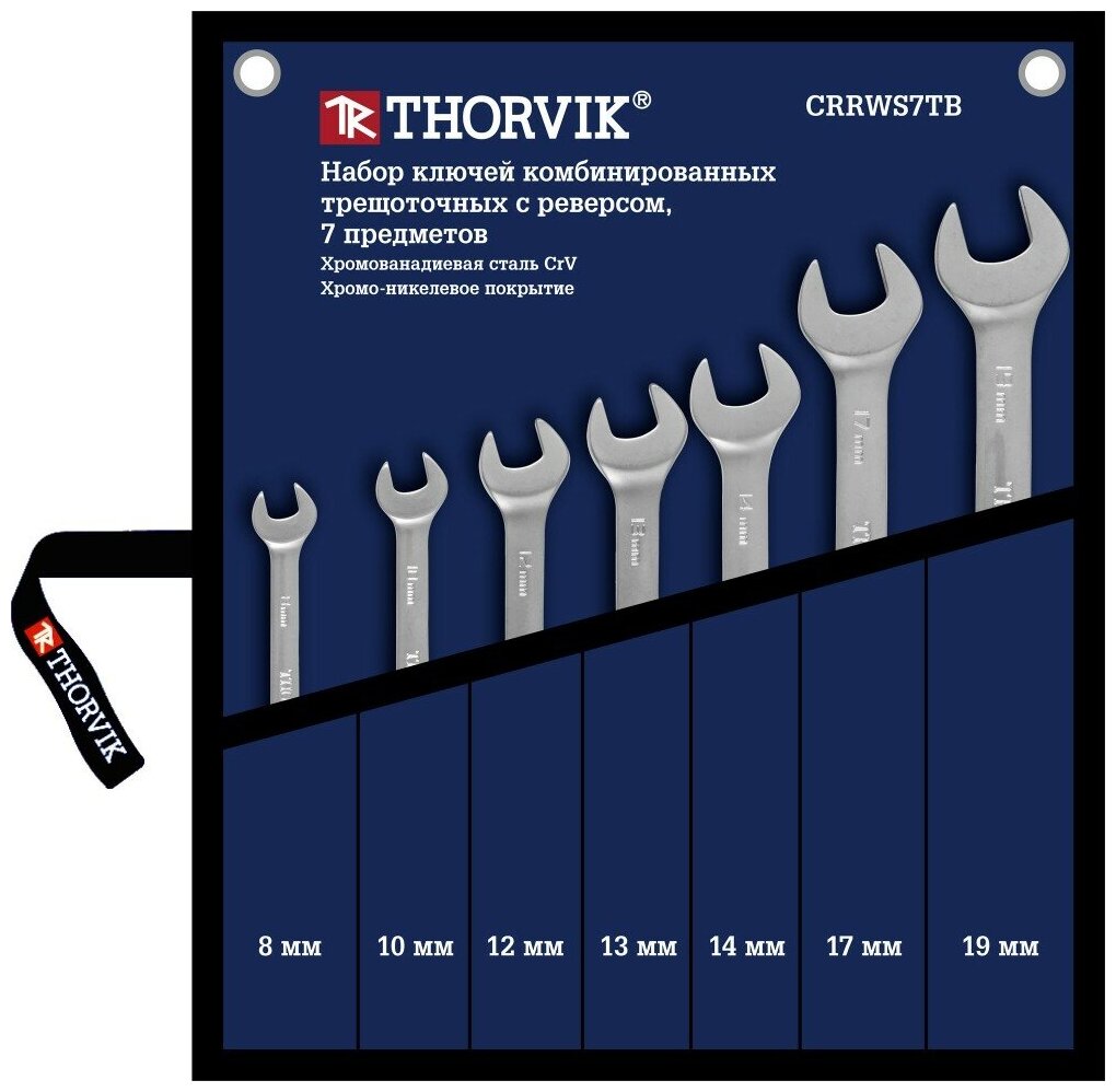 Набор ключей комбинированных трещоточных с реверсом 7 пр. 8-19 мм сумка Thorvik