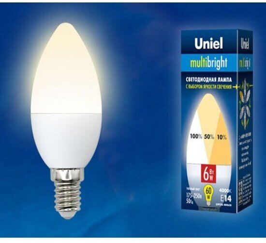 Светодиодная лампа Uniel LED-C37-6W/WW/E14/FR/MB PLM11WH Форма «свеча», матовая. Серия Multibright. Теплый белый свет (3000K). 100-50-10. Картон. ТМ .
