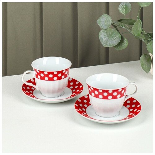 Сервиз чайный керамический Доляна Горох 4 предмета 2 чашки 210 мл 2 блюдца d14 см цвет красный 882₽