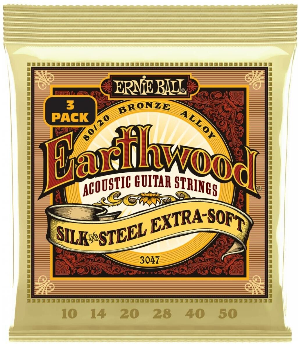 ERNIE BALL 3047 Earthwood 80/20 Silk and Steel Extra Soft 3 Pack 10-50 - Струны для акустической гитары