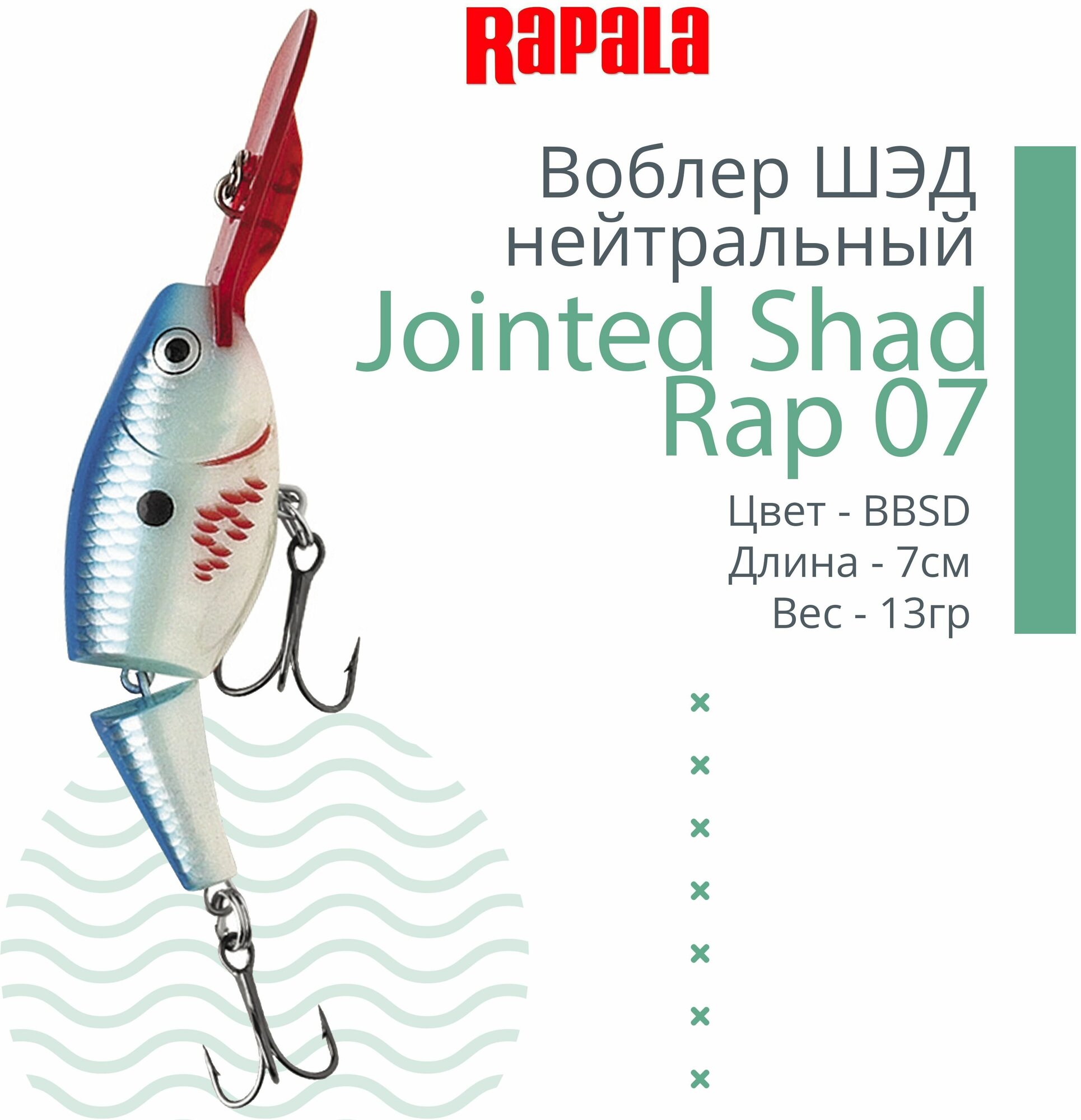 Воблер для рыбалки RAPALA Jointed Shad Rap 07, 7см, 13гр, цвет BBSD, нейтральный