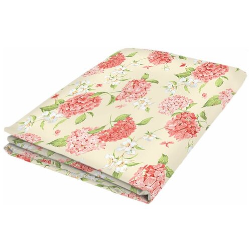 фото Простыня сказка гортензия перкаль на резинке 180х200 см бежевый/зеленый/коралловый