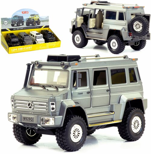 Металлическая машинка игрушка 1:24 Mercedes-Benz Unimog U 5000 20,5 см, коллекционная, инерционная, свет, звук / Серый