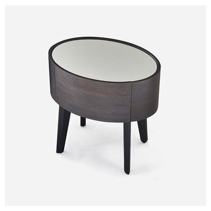 Современный овальный минималистский прикроватный столик для спальни (один ящик, шпон дуба и черного ореха, столешница стекло)