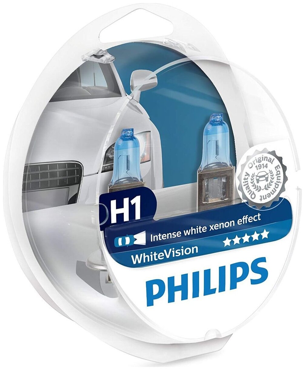 Лампа галогенная Philips H1 White Vision 3700K 12V 55W + W5W 12V-5W, по 2 шт, 12258WHVSM