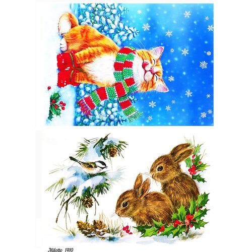 фото Декупажная карта а4 рисовая салфетка 1410 зима новый год кролик кот заяц птицы винтаж крафт diy milotto