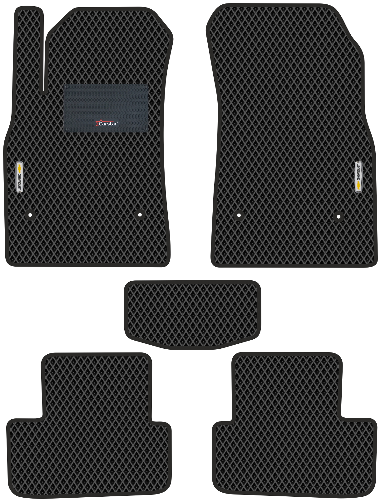 Автомобильные коврики EVA для Chevrolet Cruze I (2008-2016) с каучуковым подпятником и 2 эмблемами Chevrolet чёрные с чёрным кантом ячейка - ромб