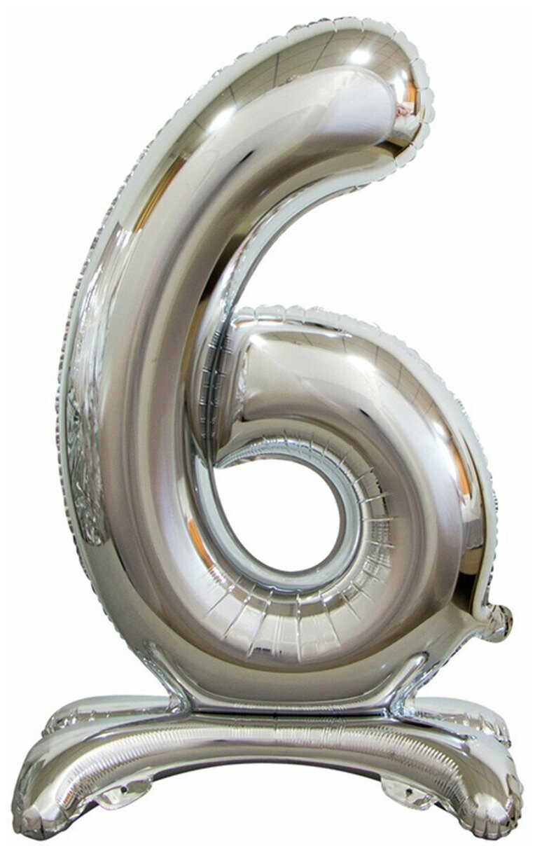 Воздушный ходячий шар фольгированный Riota Цифра 6, серебряная, на подставке, 76 см