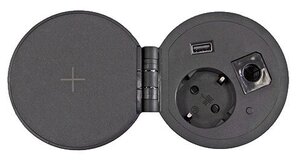 <b>Встраиваемый</b> удлинитель Мебакс на 1 <b>розетку</b> и 2 USB, с беспроводной зарядкой <span>чтобы получить: 1 евророзетку, сменный usb-порт/кабель-канал и беспроводное зарядное устройство стандарта qi. диаметр: 80 мм</span>