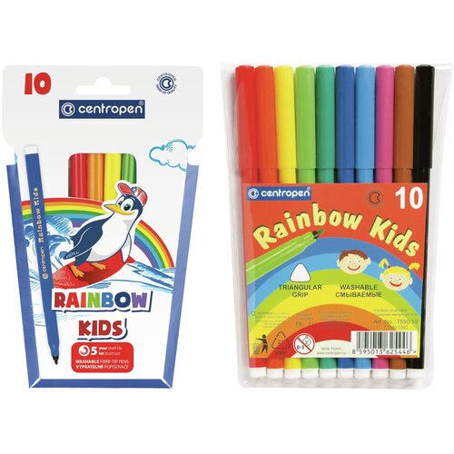 Фломастеры Centropen Rainbow Kids, 10цв, трехгранные, смываемые, ПВХ