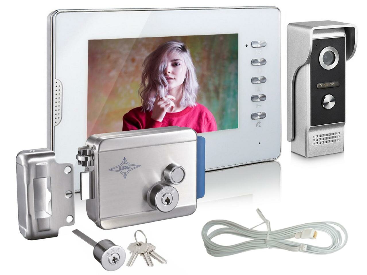 Комплект видеодомофон и замок: EP-7300-W и Anxing Lock-AX091 (W3384RU) плюс вызывная панель - замок электромеханический и домофон