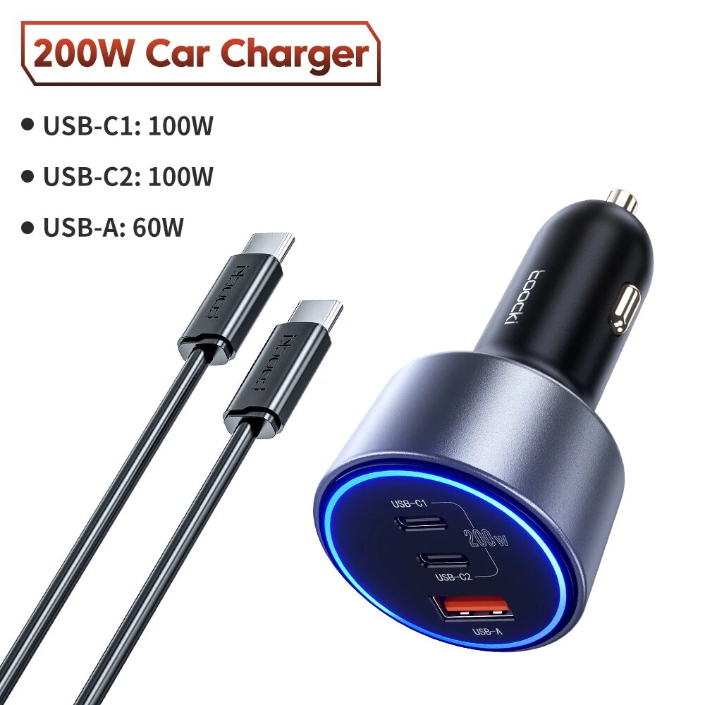 Автомобильное зарядное устройство Toocki, 200 Вт, USB, QC 3,0 4,0, быстрая зарядка, светодиодный индикатор, Тип C, автомобильное зарядное устройство для телефона для iPhone 15 14 Macbook Samsung S24, with 100W cable
