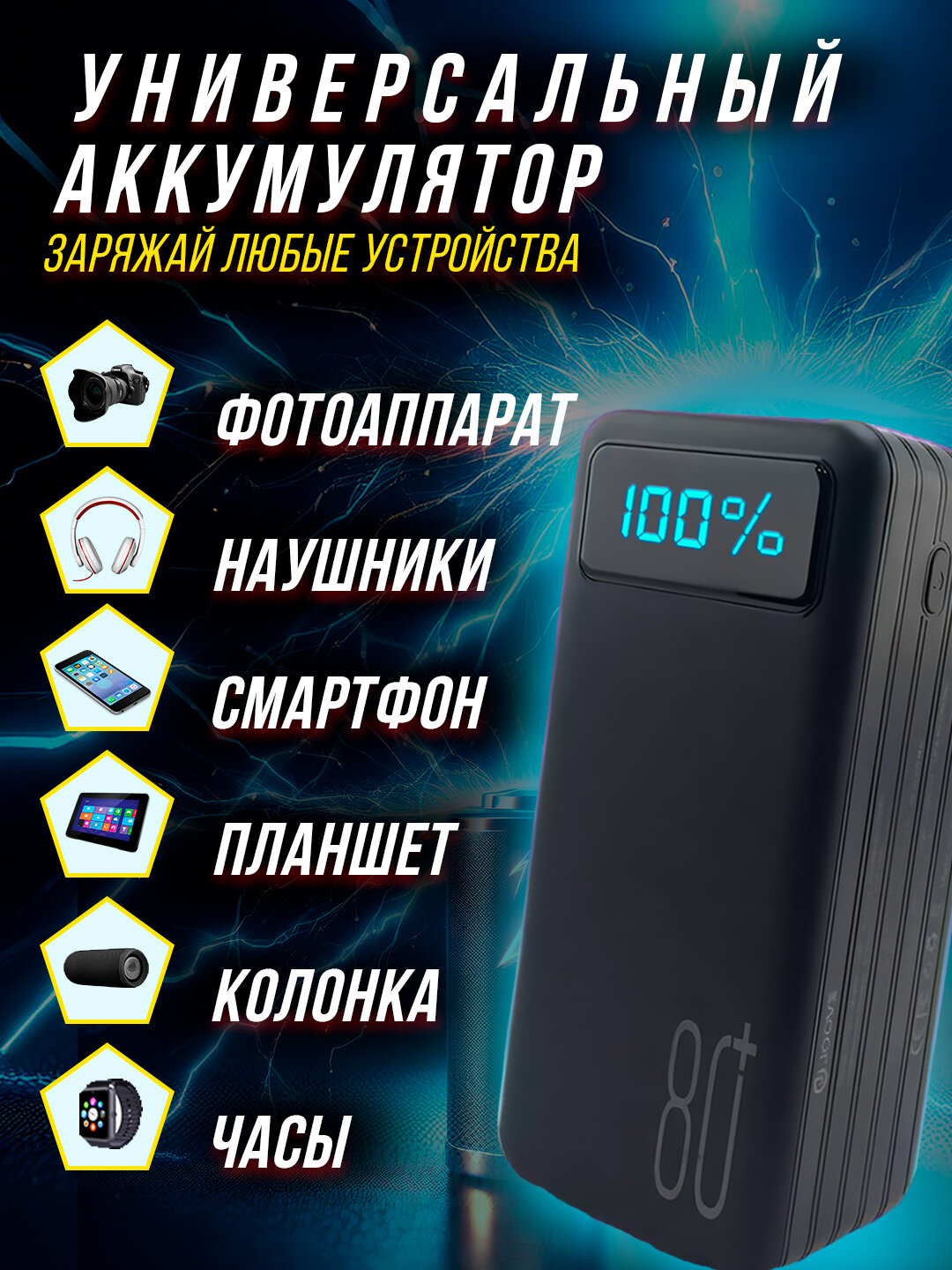 Повербанк Joove, 80000 mAh с быстрой зарядкой, черный power bank, внешний портативный аккумулятор — фото 1