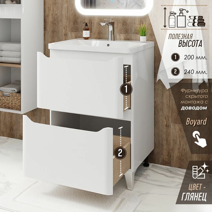 Тумба с раковиной в ванную, FAURAplus Токио (Милано) 60-2, напольная, 830*600*446, белая, глянцевая, раковина Adel. — фото 1