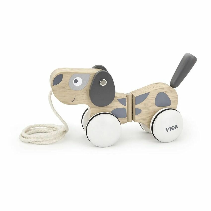 Каталка VIGA "Щенок", серые пятна, на веревке, в коробке