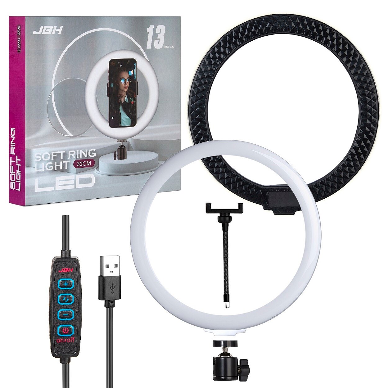 Селфи кольцо 32 см (13") JBH M-33 LED с держателем для телефона, 3 режима, черный