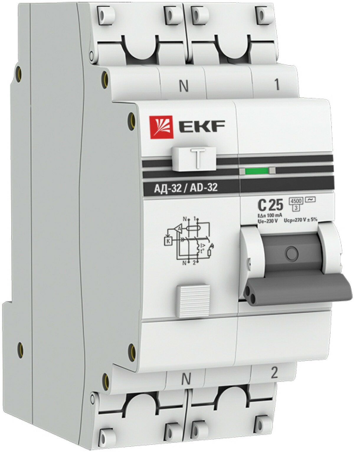 Дифференциальный автомат АД-32 1P-N 25А-100мА (хар. C, AC, электронный, защита 270В) 4,5кА EKF PROxima