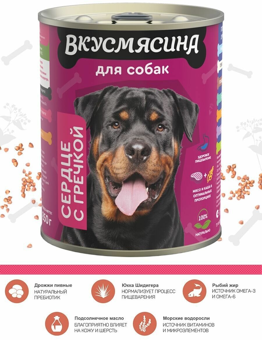 Корм консервированный для собак вкусмясина с сердцем и гречкой, 850 г х 6 шт.