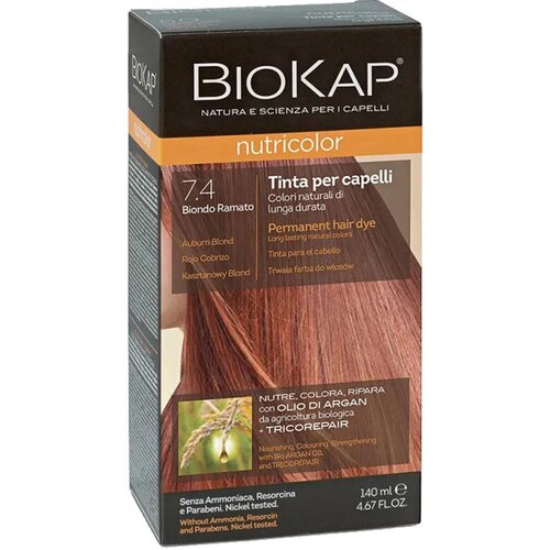 Краска для волос BioKap Nutricolor 7.4 Auburn Blond - цвет Медный блондин 140 мл. Эксклюзивная формула с маслом Арганового дерева