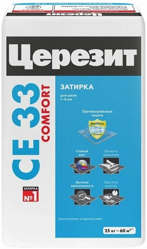Церезит СЕ 33 затирка противогрибковая №07 серая (25кг) / CERESIT CE-33 Comfort затирка цементная для швов противогрибковая №07 серая (25кг)