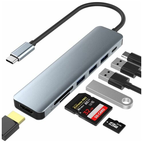 USB-концентратор с Type-C HDMI | 3xUSB 3.0 | SD | TF | Type-C - PD 2020 new i14 tws mini wireless bluetooth headset for apple android huawei xiaomi samsung pki11 i12 i15 i7s i9 i18