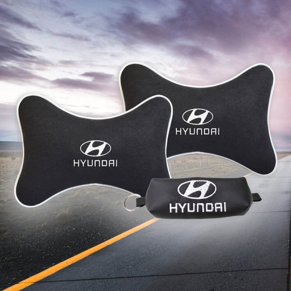 Подарочный набор автомобилиста из черного велюра для Hyundai (хендай) (две подушки под шею на подголовник и ключница)