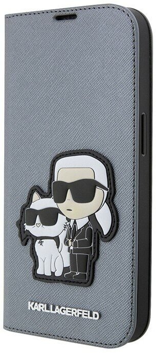 Lagerfeld для iPhone 14 Pro Max чехол PU Saffiano NFT Karl & Choupette Booktype Silver