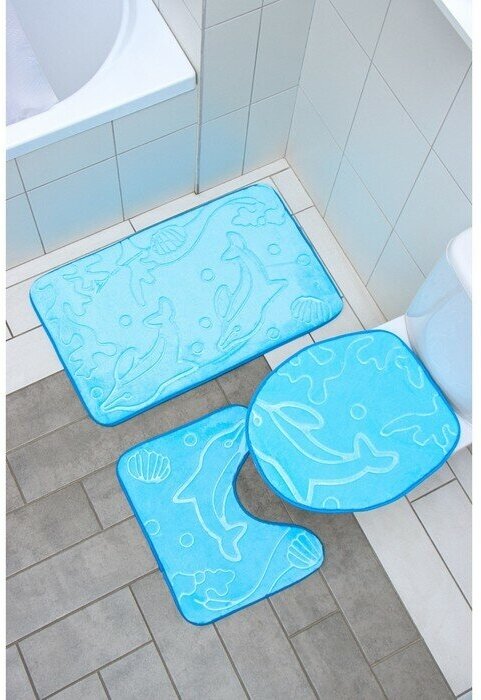 Набор ковриков для ванной и туалета Доляна «Дельфины», 3 шт, 39×43 см, 40×50 см, 50×80 см, цвет микс