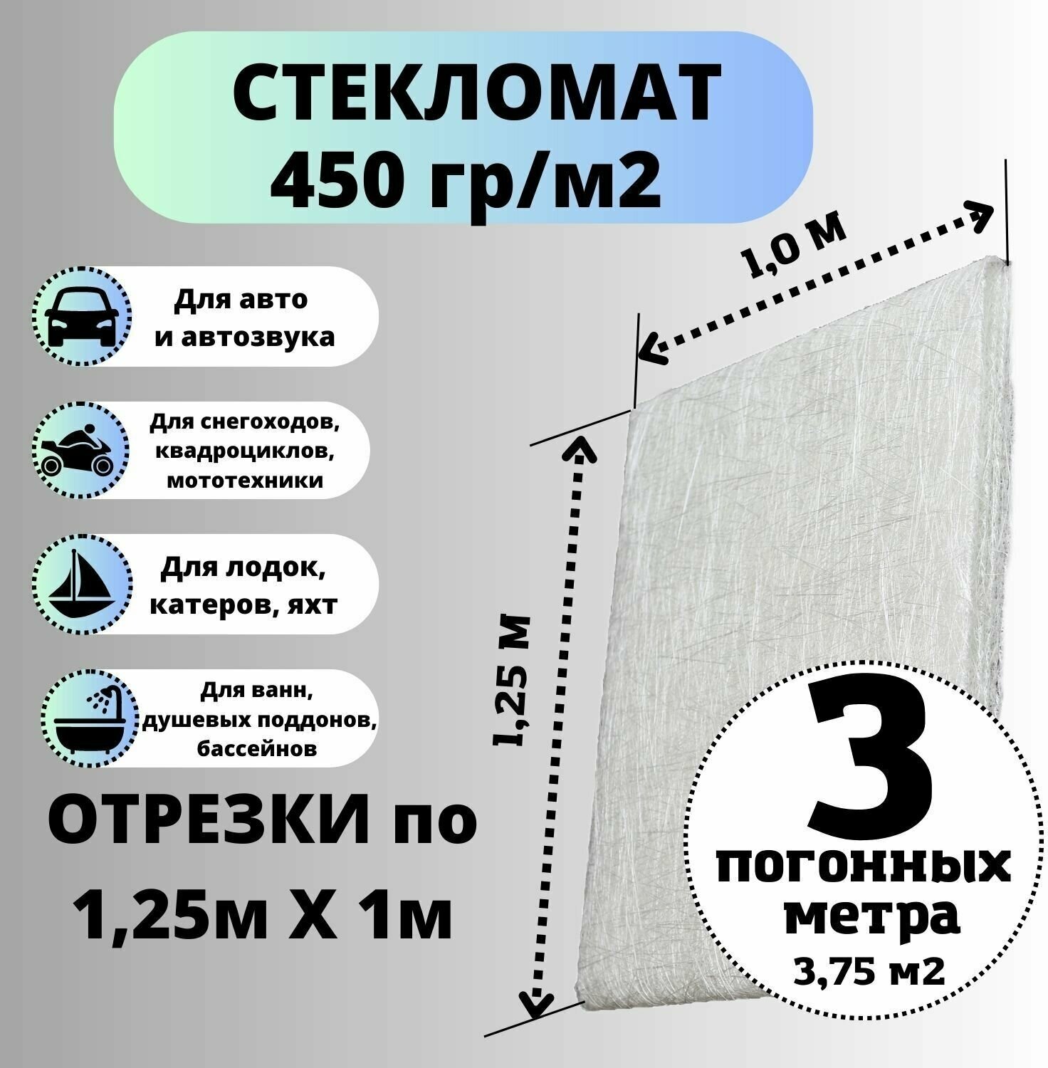 Стекломат плотность 450 г/м2, 1,25 х 3 м, конструкционный эмульсионный для ремонта лодок, ванн, авто