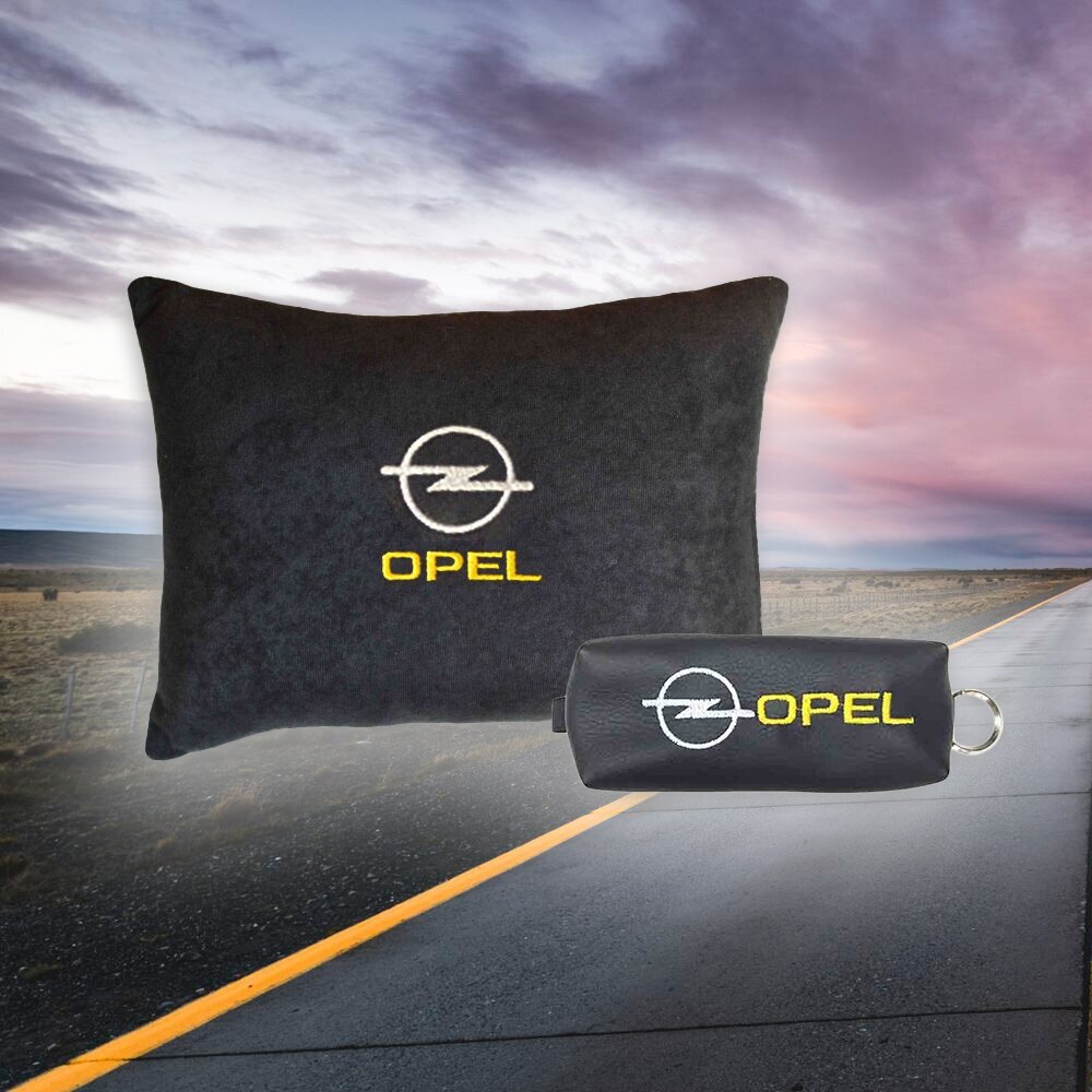 Подарочный набор автомобилиста из черного велюра для Opel (опель) (автомобильная подушка и ключница)