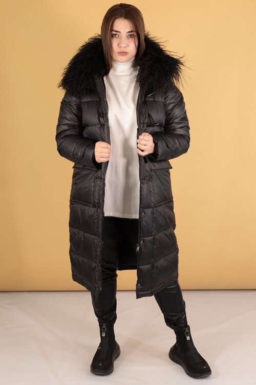 Куртка  nitia зимняя, удлиненная, силуэт прямой, подкладка, капюшон, размер 48, черный